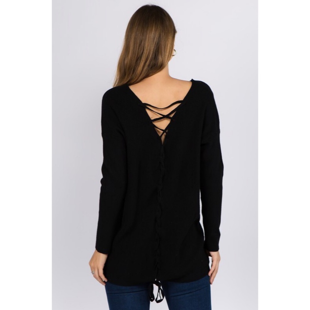 Dreamers by Debut Black Lace Up V Neck Sweater